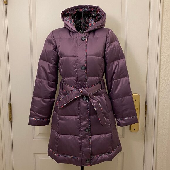 Land's End Purple With Floral Trim Knee Length Down Filled Coat Size Medium